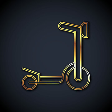 Gold line Roller scooter for children icon isolated on black background. Kick scooter or balance bike. Vector