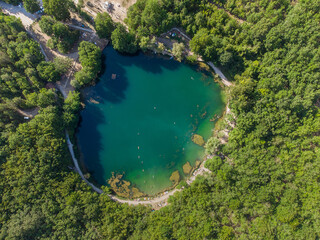 Round small lake with clear water sorrounded by trees , overhead view