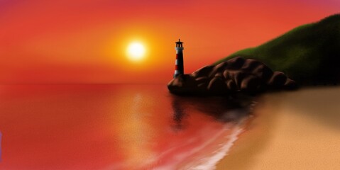 Dibujo digital de una puesta de sol en una playa con faro.