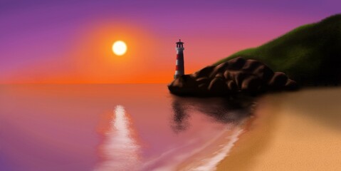 Dibujo digital de una puesta de sol en una playa con faro.