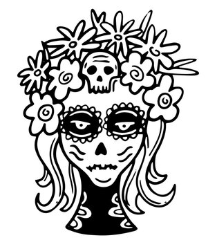 Vector illustration of a girl's face decorated. Day of the Dead. Mexico. hand drawing, doodle