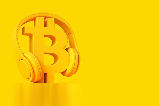 Bitcoin 3D sign with headphones on a yellow background. Blockchain cryptocurrency podcast and video concepts. High quality 3D rendering.