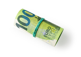 Roll of 100 euro paper currency isolated on white background. Concepts of cash savings, counting money, income and expenses, wealth. Wad of euro banknotes as design element.