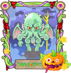 cartoon scary sea monster, funny illustration