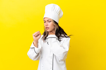 Young Russian chef girl isolated on yellow background is suffering with cough and feeling bad