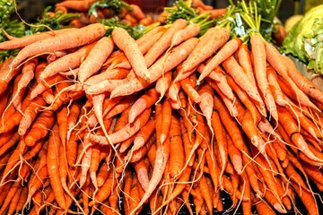 Big bunch of orange carrots at a farmers market in Vancouver, BC