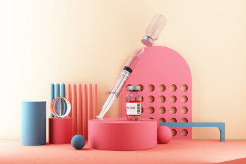 Small vaccine bottle for Coronavirus Vaccine injection with a medical syringe on pastel color background and geometric shape 3d rendering