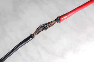 short circuit of electrical wiring sparks molten wires selective focus