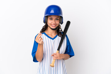 Baseball Russian girl player with helmet and bat isolated on white background making money gesture