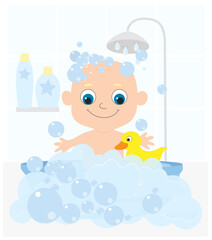 A small child, newborn or first year of life, bathes in a bathtub full of soap bubbles. The child is cheerful, smiling, a rubber yellow duck is swimming nearby. 