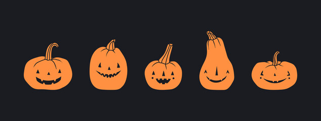 Different Pumpkins. Main symbol of the happy holiday of Halloween. Orange pumpkin with various funny faces. Template For your design. Hand drawn trendy Vector illustration. All elements are isolated