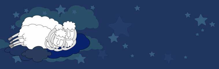 Horizontal banner sheep sleep embracing on the clouds in the clouds and among the stars. World sleep day and the concept of good sleep, fairy dreams, dreams and magic.
