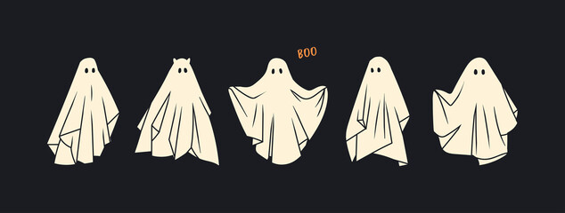 Set of cloth Ghosts. Flying Phantoms. Halloween scary ghostly monsters. Cute cartoon spooky characters. Holiday Silhouettes. Hand drawn trendy Vector illustration. All elements are isolated © Dariia