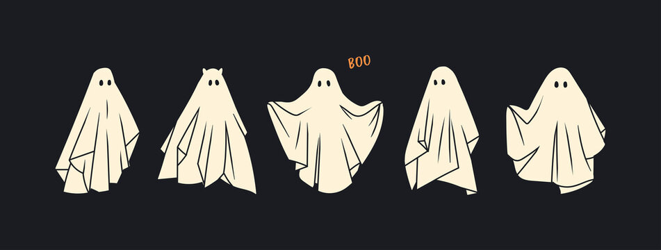 Set of cloth Ghosts. Flying Phantoms. Halloween scary ghostly monsters. Cute cartoon spooky characters. Holiday Silhouettes. Hand drawn trendy Vector illustration. All elements are isolated