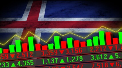 Iceland Realistic Flag, Stock Market Chart, Neon Effect Zigzag Line, Old Worn Fabric Texture Effect, 3D Illustration