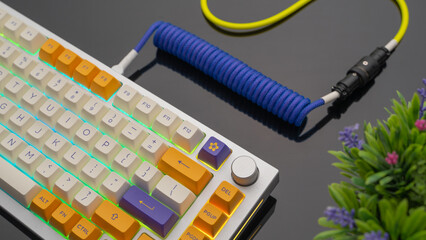 A premium Alluminium RGB mechanical gaming keyboard with with a stylish coiled USB cable with aviator connector