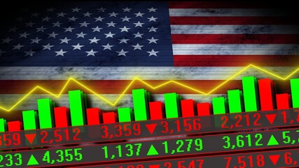 United States of America Realistic Flag, Stock Market Chart, Neon Effect Zigzag Line, Old Worn Fabric Texture Effect, 3D Illustration