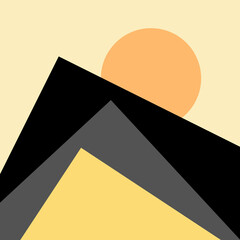 Abstract illustration of sunset in the mountains with geometric shapes on pastel yellow background