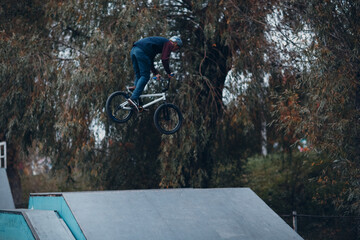 Professional young sportsman cyclist with bmx bike at skatepark