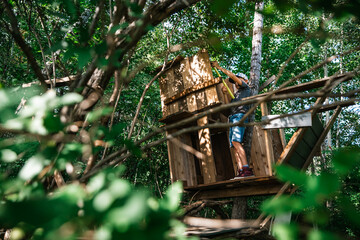 8 years old boy building a treehouse during summer
