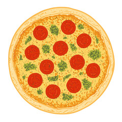 Pizza topped with cheese, cherry tomatoes and pesto. Vector illustration of hand drawn pizza. 