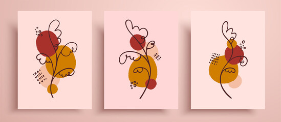 Abstract pastel vector layout with colorful shapes and botanical line art. Template with creative minimalist illustrations. Designed for for wall decoration, postcard or brochure cover design.