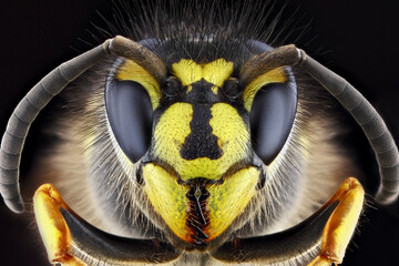 Super macro portrait of a wasp on a black background. Full-face macro photography. Large depth of...