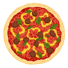 Pizza topped with tomato sauce, yellow bell pepper, meatballs and basil. Vector illustration of hand drawn pizza. 