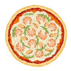 Pizza topped with tomato sauce, mozzarella cheese, prawns, mussels and arugula. Vector Seafood pizza. Hand drawn vector illustration of food.