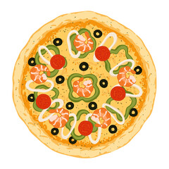 Pizza topped with mozzarella cheese, prawns, calamari, cherry tomatoes, black olives, green bell pepper. Vector illustration of hand drawn Seafood pizza. 