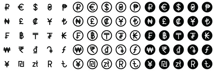 Fototapeta na wymiar Currency signs of different countries. Set of black currency symbols. Vector illustration.