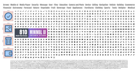 24x24 Pixel Perfect. Basic User Interface Essential Set. 810 Line Outline Icons. For App, Web, Print. Editable Stroke. 2 Pixel Stroke Wide with Round Cap and Round Corner.