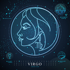 Modern magic witchcraft card with astrology neon Virgo zodiac sign. Neon woman head. Zodiac characteristic