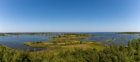 panorama view of the coastal islands of the Kvarken Archipelago under a blue sky