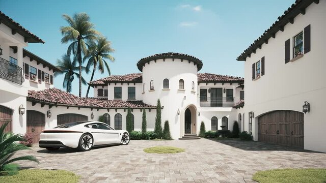 Luxury villa with a car. Expensive car in the courtyard. Sports car on the luxury house. 3d visualization
