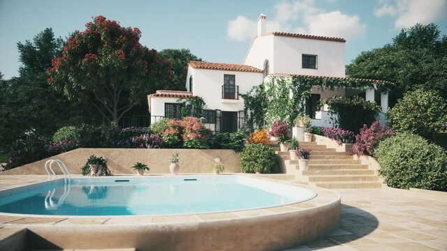Villa with Pool and Garden. Spanish villa with pool. 3d visualization