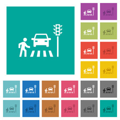 Pedestrian crossing square flat multi colored icons