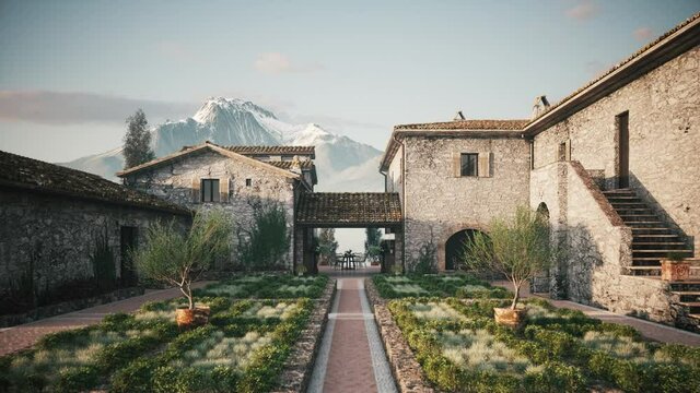 Old villa in Italy. An old mansion with a large garden. 3d visualization