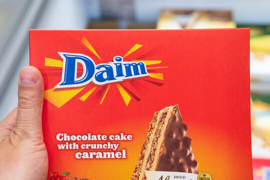 Tyumen, Russia-june 08, 2021: Brand Daim originated from Sweden. Chocolate cake with crunchy caramel