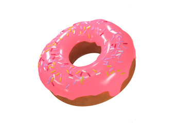 3D render  illustration of tasty sweet donut with pink glossy icing and sprinkles isolated at white background.