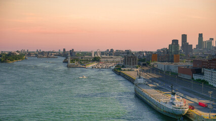 View of old port area with large ship, middel of the summer, Montreal, Canada