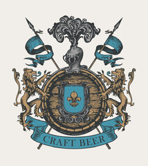 Hand-drawn banner for craft beer with a coat of arms in vintage style. Vector brewery emblem or label with a wooden barrel, lions, flags, spears, ribbon, helmet and a fleur de lis on a knightly shield - obrazy, fototapety, plakaty