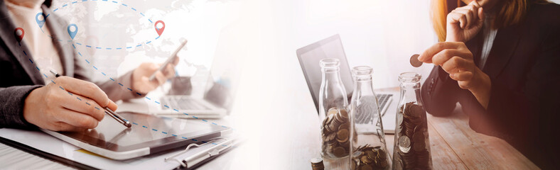businesswoman holding coins putting in glass with using smartphone and calculator to calculate...