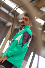 Attractive young Spanish man with a beard in an abandoned factory.