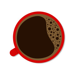 Red cup of coffee with foam and bubbles. Top view. Isolated on white background. Vector illustration.