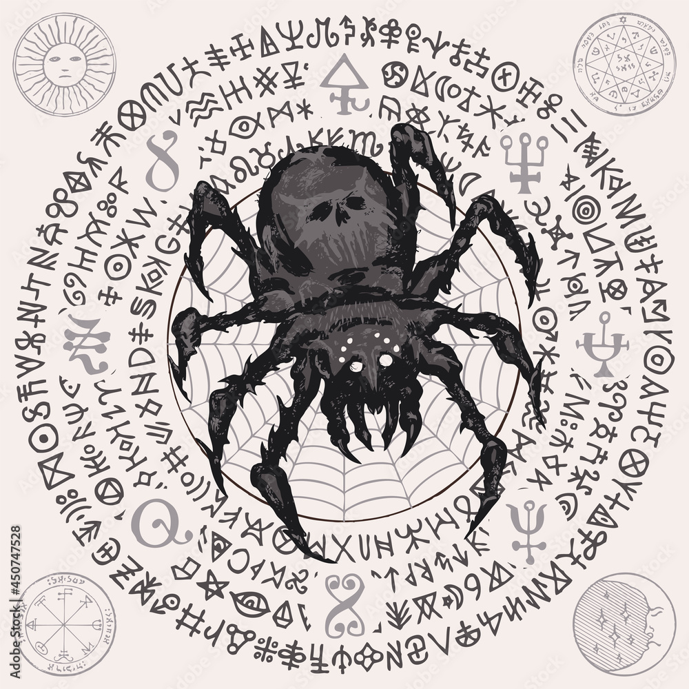 Wall mural A hand-drawn illustration with a big predatory scary black spider on a cobweb background and unreadable signs and runes written in a circle. Vector decorative banner in retro style