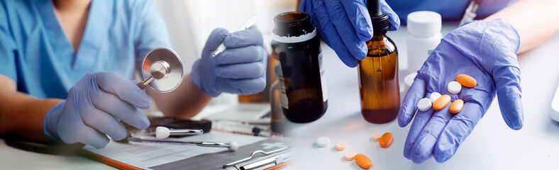 medical technology or medical network. doctor using digital tablet with screen interface.