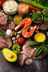 Ingredients for healthy food. Various balanced useful components healthy low carbohydrate foods. Copy space.