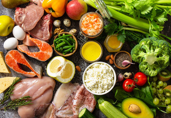 Ingredients for healthy food. Various balanced useful components healthy low carbohydrate foods. Top view flat lay background.