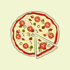 Pizza Vector Illustration Having Meat, Cheese, Mushroom and Vegetables